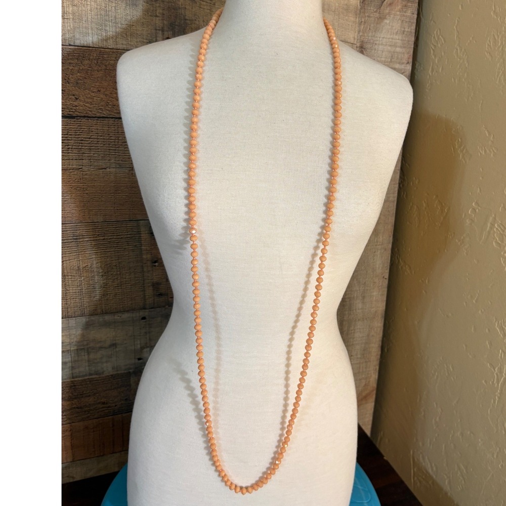 Peach Faceted Glass Bead Hand Knotted Long Opera Necklace 60 Inch